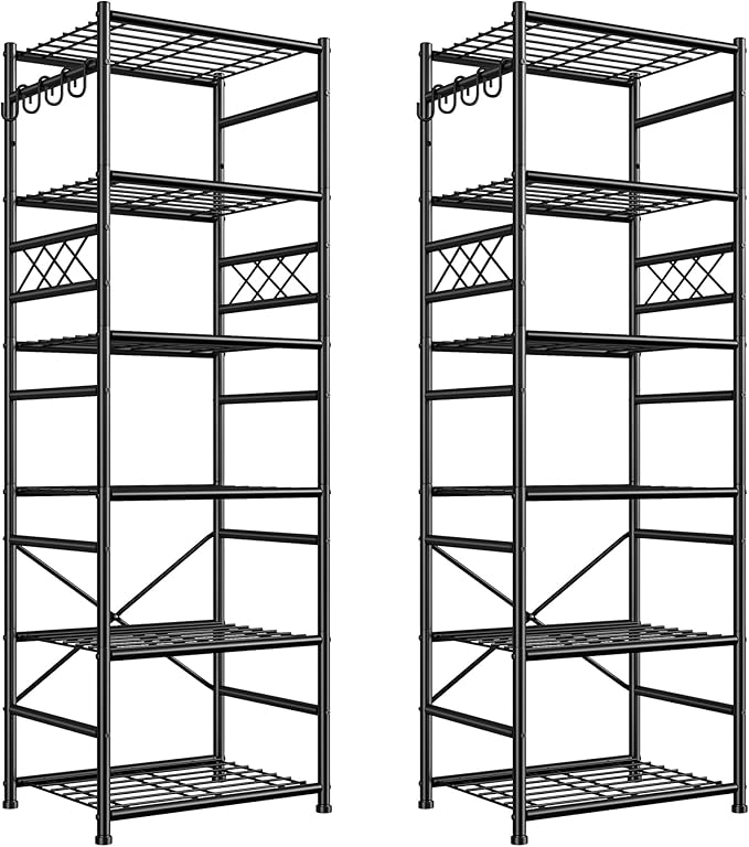 Storage Shelves-6 Tier Metal Shelving Unit with Hooks,Heavy Duty Garage Shelving with Leveling Feet,High Standing Shelf Organizer for Kitchen Pantry Bathroom Dorm,17.7”W×11.8”D ×72.2”H,Black
