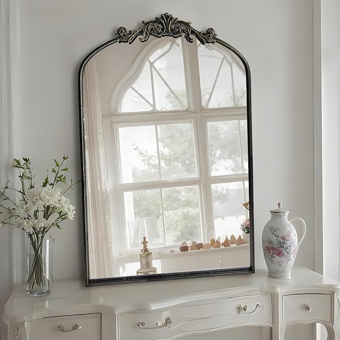 HQiJun Black Vintage Wall Mirror Window Decorative Traditional Mirrors Antique Arched Farmhouse for Living Room Bedroom Entryway Bathroom Vanity (36 * 24 * 1.2, Black)