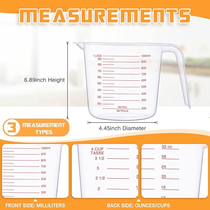 TOODOO 12 Pcs 4 Cup/32 oz Measuring Cups Capacity Clear Plastic Measuring Cups with Spout and Handle Grip 1000 ml Marking for Oil Flour, Water, Liquid, Ingredient