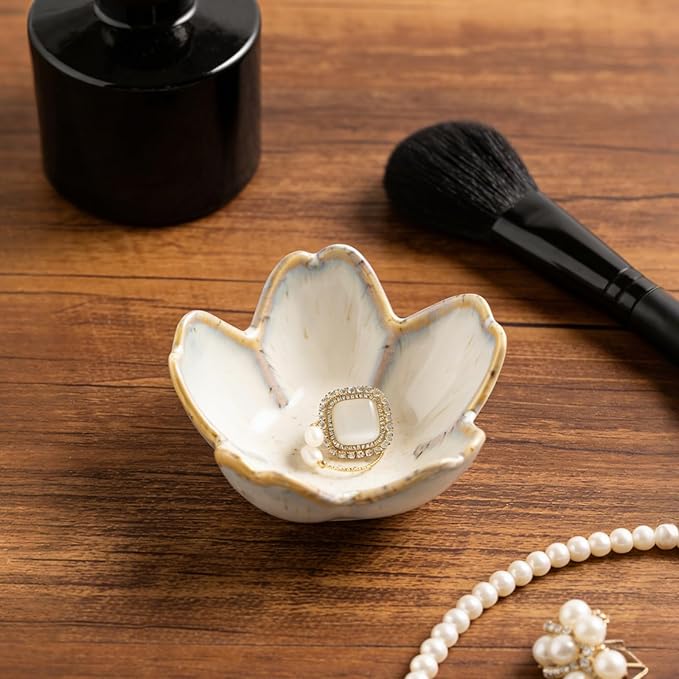 Mecaikru Flower Jewelry Tray Ceramic Ring Dish Jewelry Dish Small Trinket Tray Cute Ring Holder Key Bowl Decorative Plate Gifts For Mom/Sister/Friend, Birthday/Mother's Day/Christmas Gift (grey)