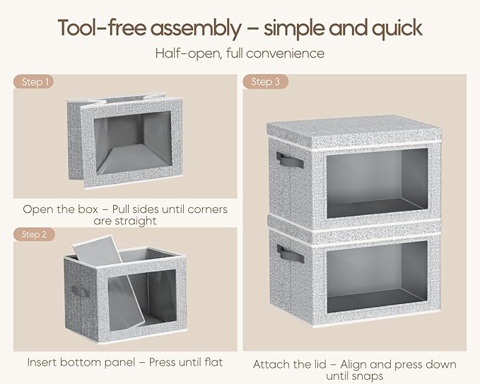 Homsorout Collapsible Storage Bins with Lids - Stackable Storage Containers with Window, 3 Pack Fabric Bins for Closet, Home & Office Organization Baskets, Light Gray, 14.9" x 9.8" x 9.8"