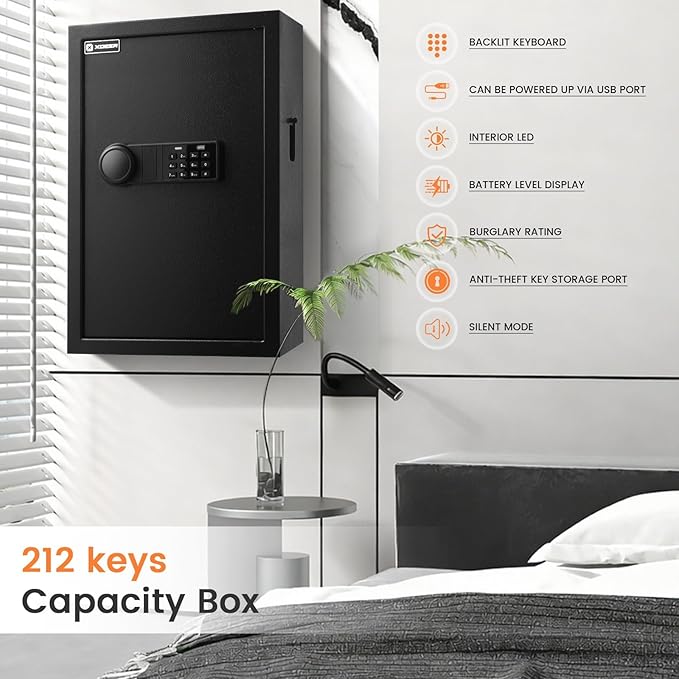 XDeer 212-Key WiFi Safe Wall Mount with Advanced Anti-Theft & LED Light, Key Cabinet with Combo & Key Lock for Hotels, Offices & Car Dealerships 1PCS
