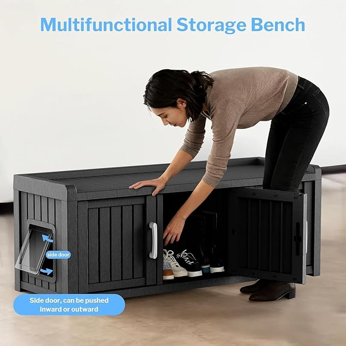 3 Doors Shoe Storage Bench, Waterproof Entryway Bench with Seat for Indoor Outdoor, End of Bed Footrest Stool for Bedroom, Hallway, Black