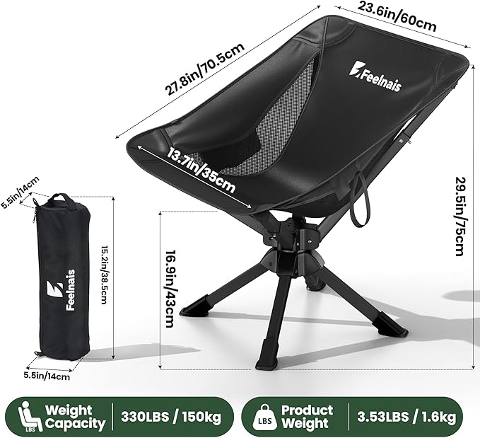 Folding Camping Chairs Lightweight & Portable, No Assembly, 360° Swivel Camping Chair for Adults, Compact Outdoor Chairs for Beach, Lawn, Travel, Backpacking, Hiking, Fishing