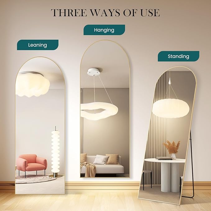 NEWBULIG 64"x21" Arched Full Length Mirror, Full Body Floor Mirror with Aluminum Alloy Thin Frame, Wall or Standing Mirror for Bedroom, Living Room, Dressing Room, Gold