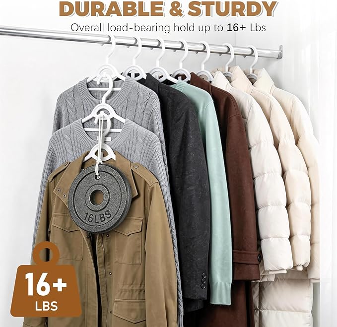 Heavy Duty Plastic Hangers 50 Pack, Stackable Space Saving, with 360° Swivel Hook, Non Slip Shoulder Grooves, for Suits, Shirts, Coats, Durable & Strong Closet Organizers, White