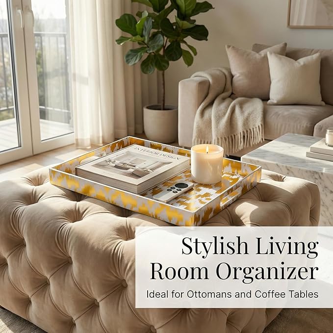 Decorative Serving Tray with Handles - 16" x 12" Large Rectangle Coffee Table Decor - Modern Gold Aesthetic Vanity Tray for Ottoman, Bedroom & Bathroom