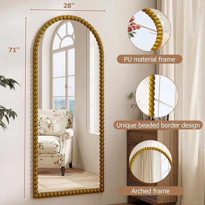 28"x71" Gold Arched Full Length Mirror, Vintage Beaded Decorative Floor Full Body Dressing Mirror as Room Decor Hanging Leaning Standing for Living Room, Bedroom, Vanity Area