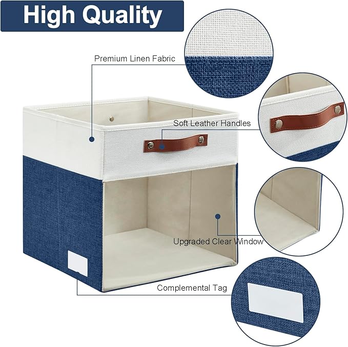 Bagnizer Storage Cubes, 4 Pack Linen Foldable Storage Bins (13 x 13 inch) with Clear Window and Handles, Fabric Organizer for Shelf Closet, Clothes, Books - (Navy Blue and White)