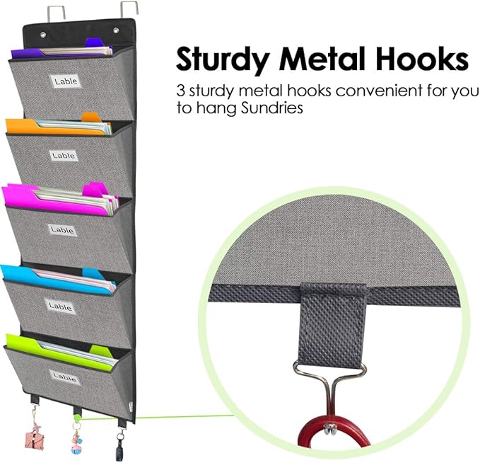 homyfort Over the Door File Organizer, Wall Hanging File Folders with 5 Large Pocket for Mails, Magazines, Back to School Supplies,Office Chart Storage, Paper Organization (Grey)