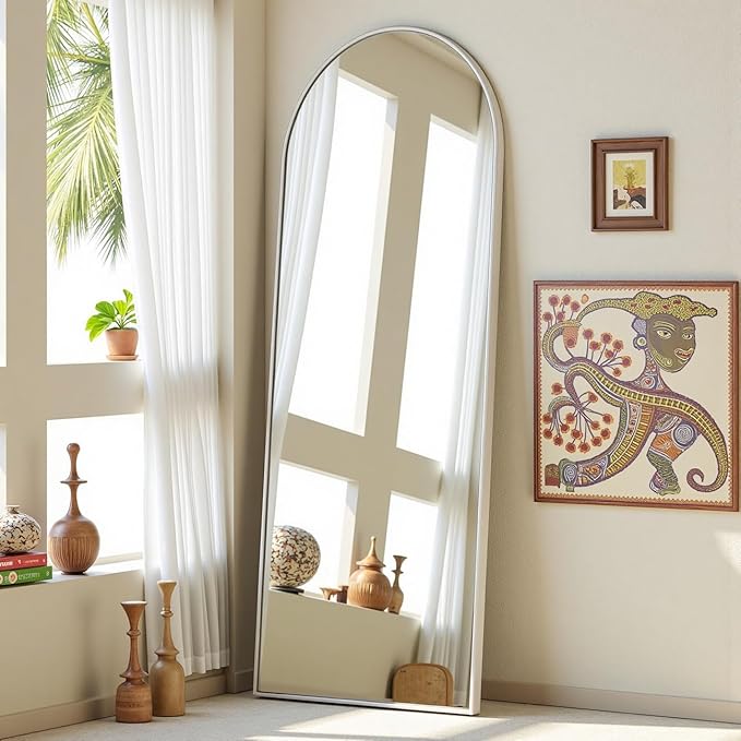 OGCAU 58"x18" Arched-Top Full Length Mirror, Full Body Hanging or Leaning, Standing Mirror, Floor/Wall Mounted with Aluminum Frame for Bedroom Living Room, White