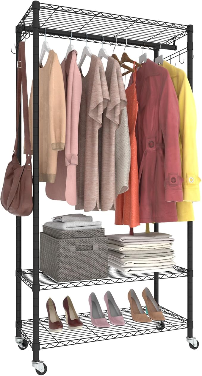 Rolling Portable Garment Rack, Freestanding Clothes Rack with 3 Adjustable Wire Shelves, 2 Side Hooks, Black