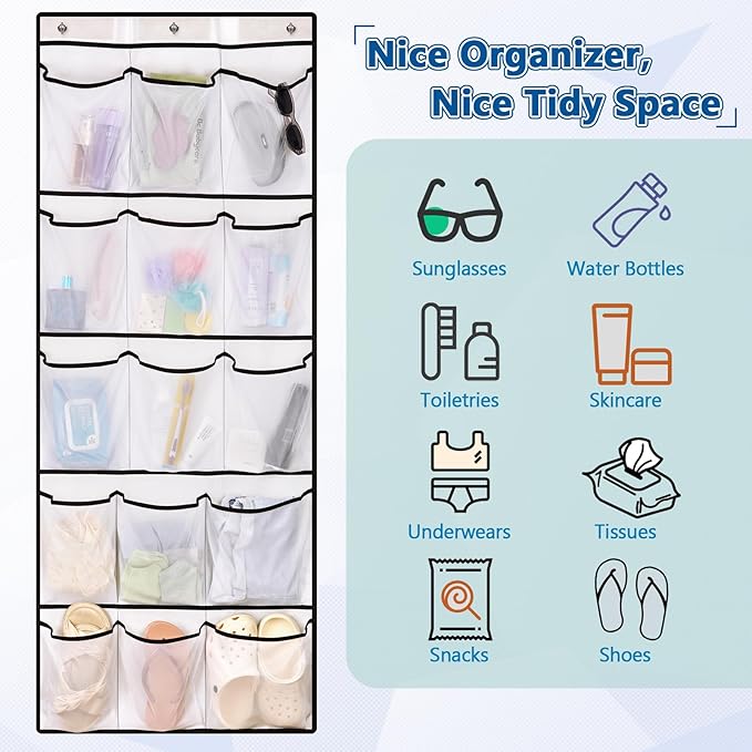 Over The Door Cruise Ship Organizer - Cruise Ship Magnetic Door Organizer with 15 Size-Graded Pockets, Hanging Magnetic Cruise Storage Shoe Rack for Cabin, 2026 Cruise Essential, 9 Hooks(White)