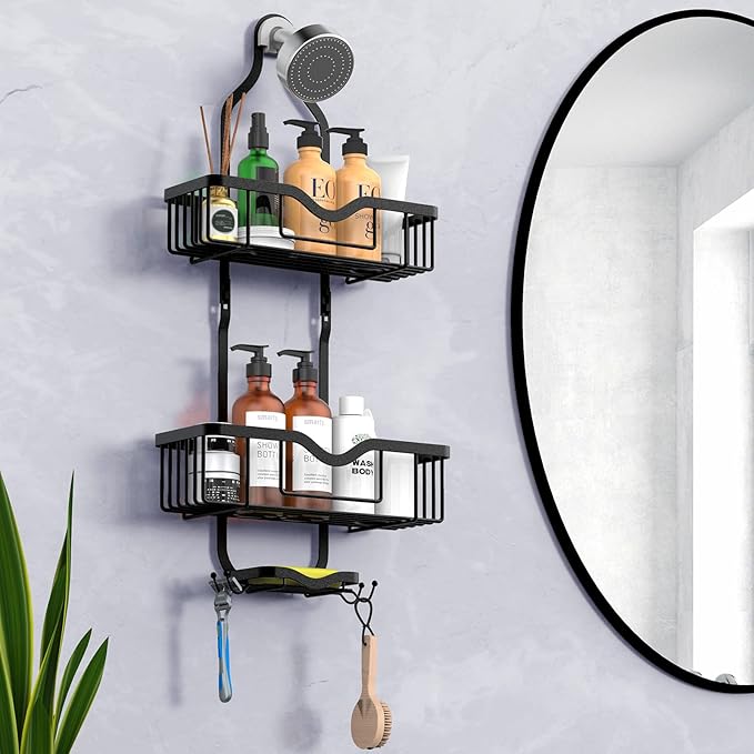 Shower Caddy Hanging, Bathroom Organizer Rack, Shower Rack with Soap Dish, Over The Showerhead Caddy with Hooks for Razor/Sponge, Matte Black (Assembly Required)