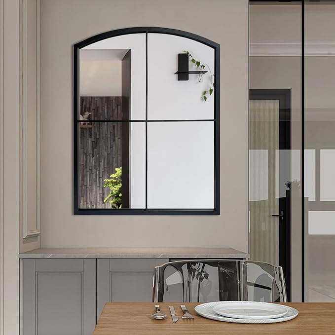 WAMIRRO Black Window Pane Mirror,Farmhouse Arched Grid Mirrors for Fireplace/Entryway/Hallway/Living Room 28"X36"
