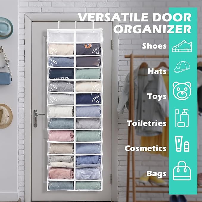 Over The Door Hoodie Organizer 26 Clear Pocket Sweatshirt Organizer with 3 Hooks Hanging Sweatshirt Hoodie Rack Holder Cabinet Behind The Doors for Dormitory Bedroom Closet Storage