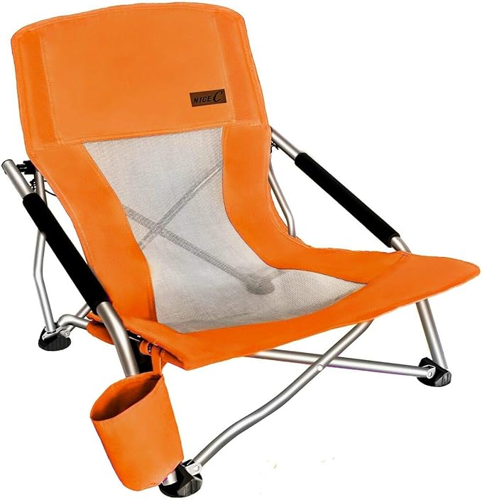 Nice C Chair Beach, Low Beach Chair, Sling, Folding, Portable, Concert, River, Beach Seat, Sillas de Playa, for Adults, Kids, Boat, Sand Chair with Cup Holder & Carry Bag (1 Pack of Orange)