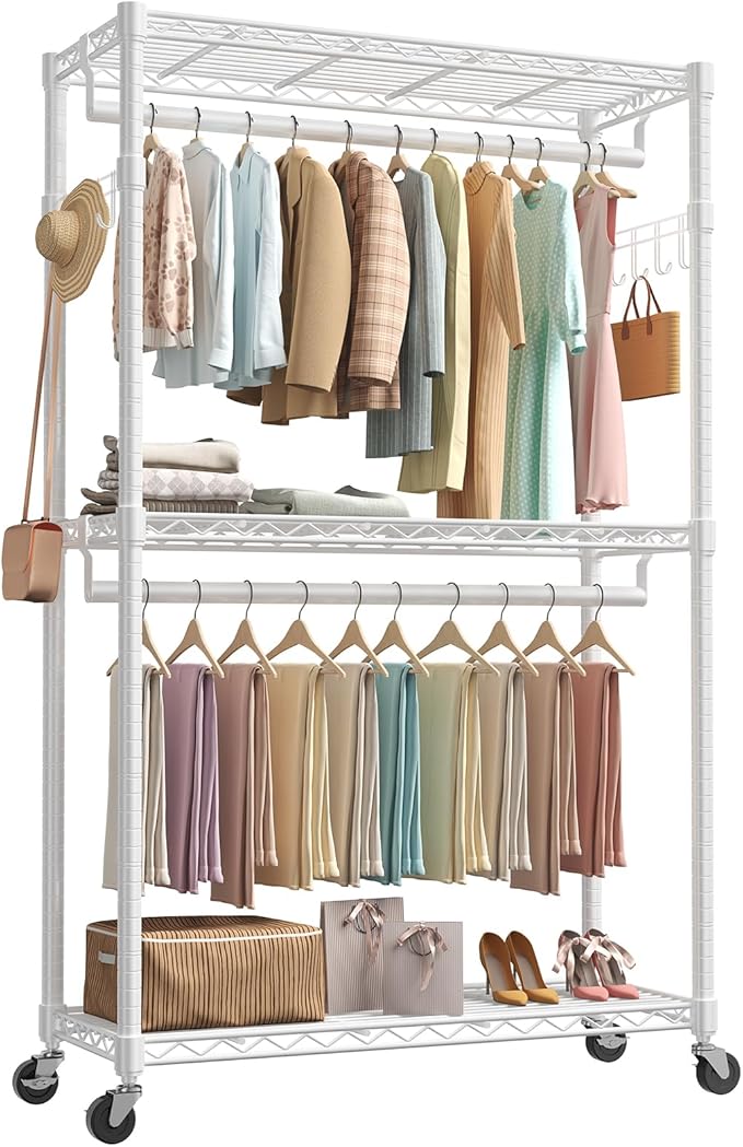 NEWBULIG Heavy Duty Adjustable Clothes Rack with Wheels, Adjustable Rolling Metal Freestanding Garment Closet Organizer with Double Rods & 2 Side Hooks for Hanging Clothes, 47"x17"x80", White
