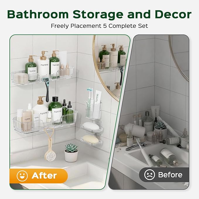 HAMITOR Adhesive Shower Caddy for Bathroom：5 Pack Clear Bath Shelves No Drilling for Modern Renters & Home Decor - Rustproof Acrylic Shower Organizer for Bathroom Storage