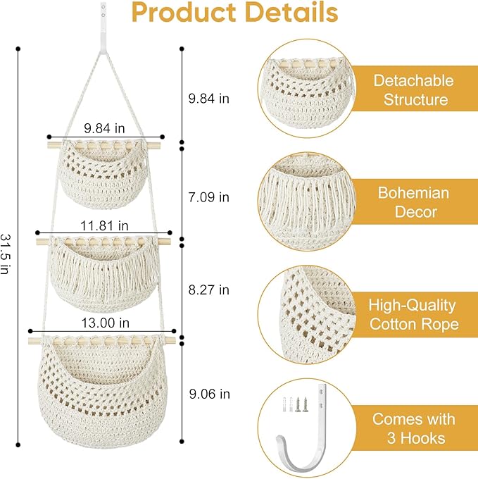 Boho Style Handwoven Rope Hanging Basket - 3-Tier Detachable Storage Organizer for Kitchen/Bathroom/Entryway, 3 Included Heavy-Duty Hooks, 7 Color Options Available (Khaki&White)