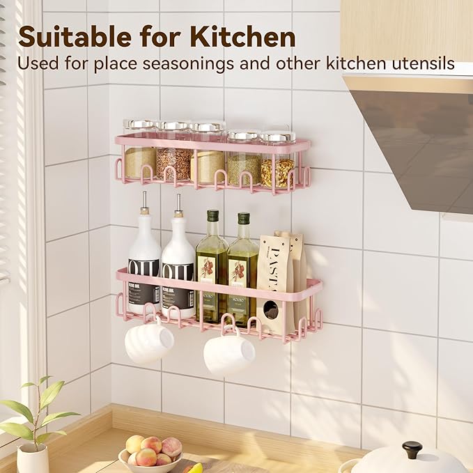 YASONIC Shower Caddy Adhesive 2-Pack, Rustproof Shower Organizer with Holder, No-Drill Shower Shelves for Inside the Shower, Large-Capacity Bathroom Organizers and Storage for Dorms & Renters, Pink