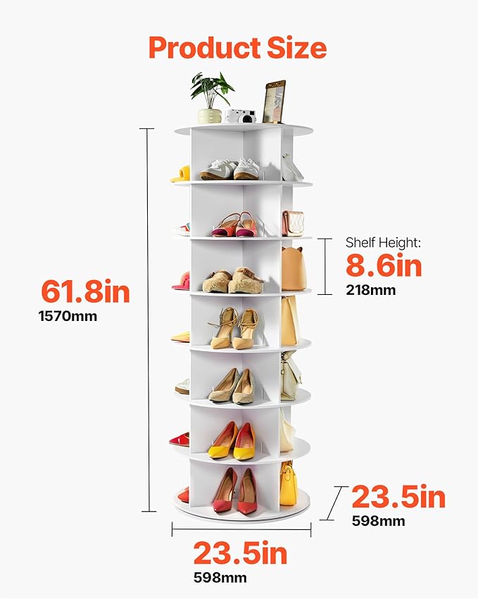 VEVOR 6 Tiers Rotating Shoe Rack Tower, 360° Spinning Shoe Rack, Revolving Storage Round Carousel Display, Freestanding Lazy Susan Organizer Display for Bedroom, Living Room, Entryway, Closet, White