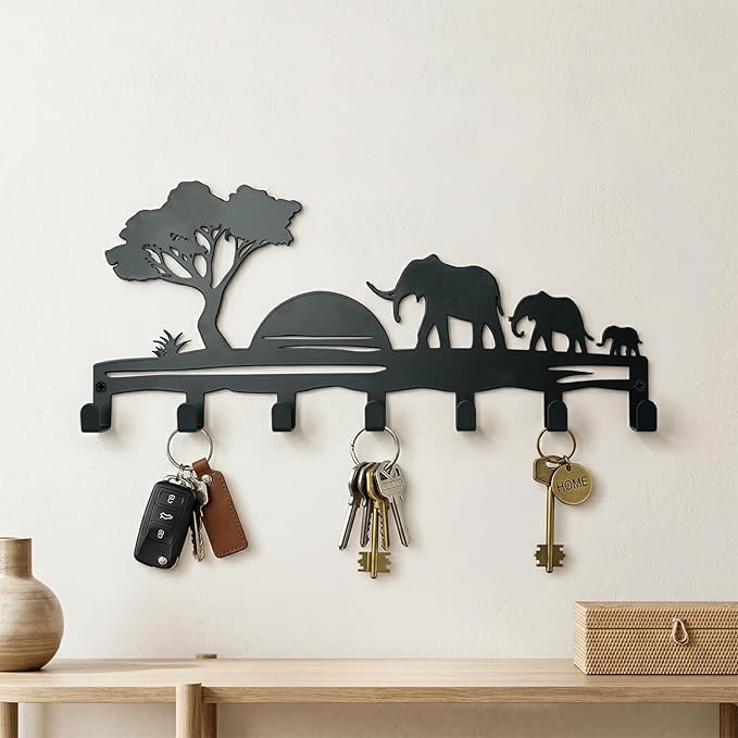 Metal Key Holder Wall Mount, African Safari Key Rack Hooks, Elephant Family Sunset Wall Art Organizer for Entryway, Kitchen, Hallway, Garage, Farmhouse Home Decor & Housewarming Gift (Elephant)