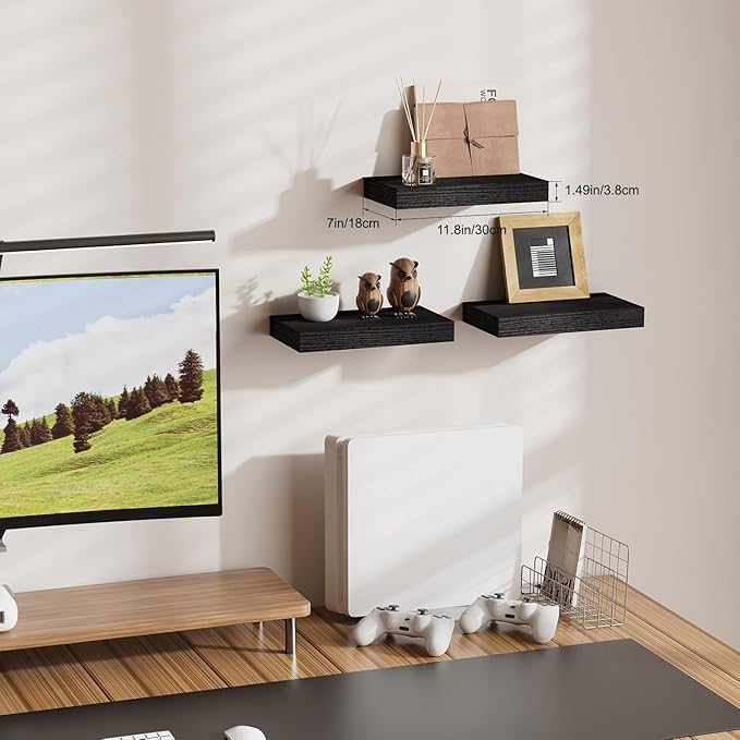 Floating Shelves for Wall, Bathroom Shelves Over Toilet, Wall Shelves & Book Shelf for Room, Hanging Shelf, Modern Wooden Wall-Mounted Small Floating Shelves, 12x7x1.5 in (Black, Set of 3)