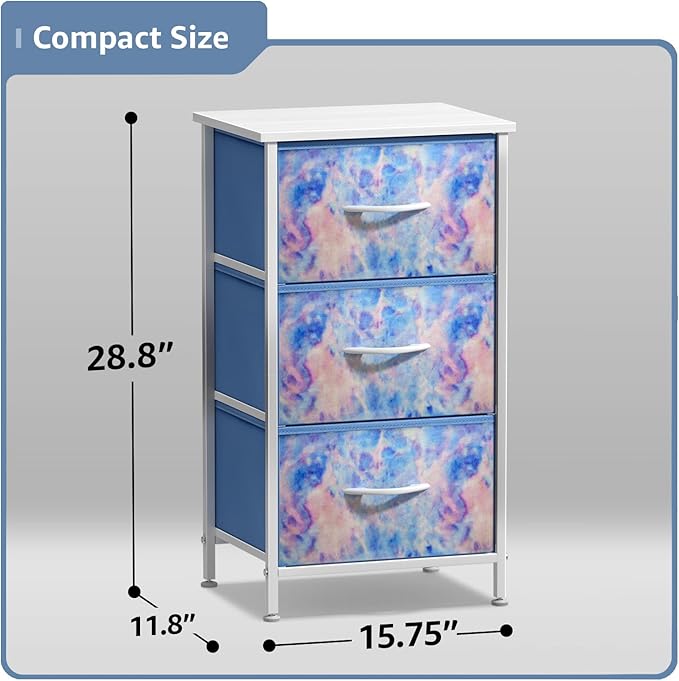 Sorbus Nightstand with 3 Drawers - Bedside Furniture & Accent End Table Chest for Home, Bedroom, Office, College Dorm, Steel Frame, Wood Top, Easy Pull Fabric Bins (3-Drawer, Blue Tie-dye)