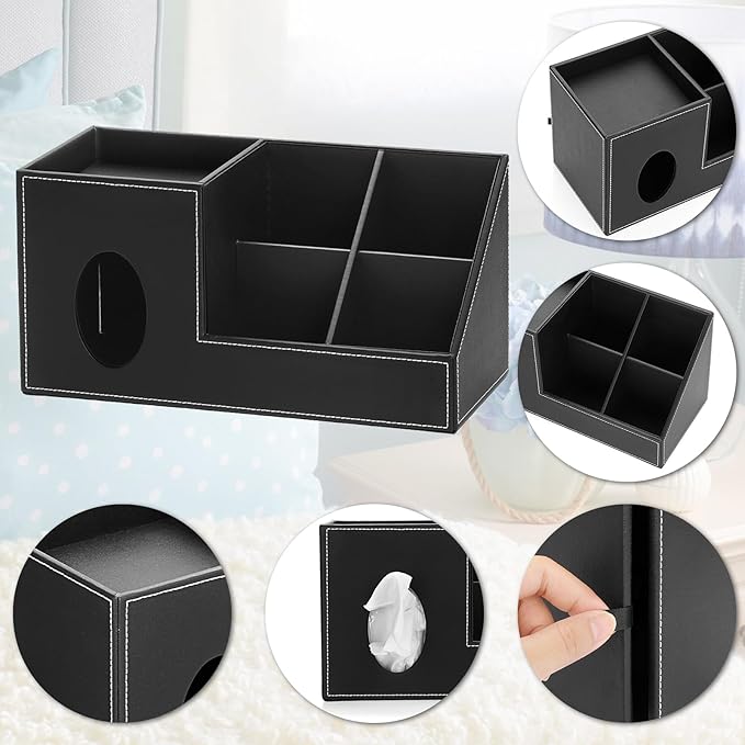 Sumnacon Tissue Box Cover, Square PU Tissue Box Organizer, Leather Tissue Covers with Storage, Stylish Tissue Holders for Bahtroom Living Room Kitchen Dining Table Desk Office, Black