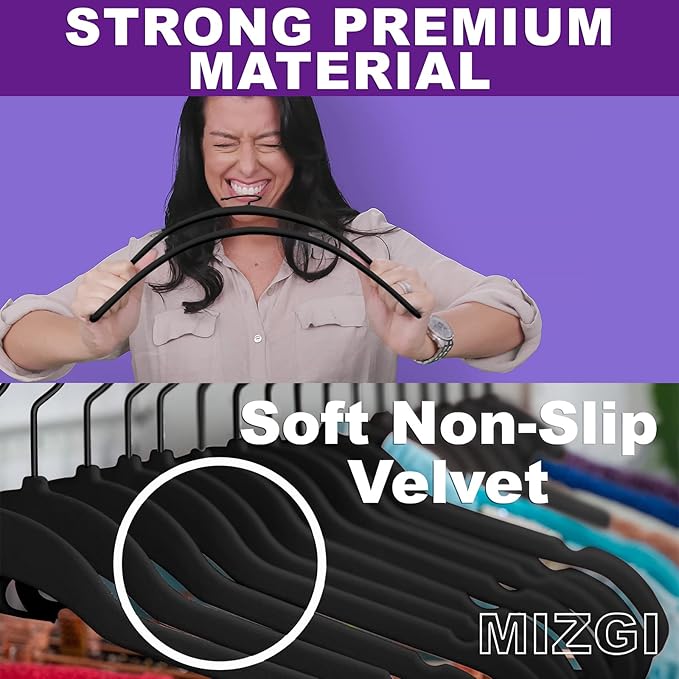 MIZGI Premium All Black Velvet Hangers with Black Hooks (50 Pack) Heavy Duty - Non Slip Felt Hangers - 360 Degree Swivel,Space Saving Clothes Hangers,Durable Strong Hangers for Suits,Coat