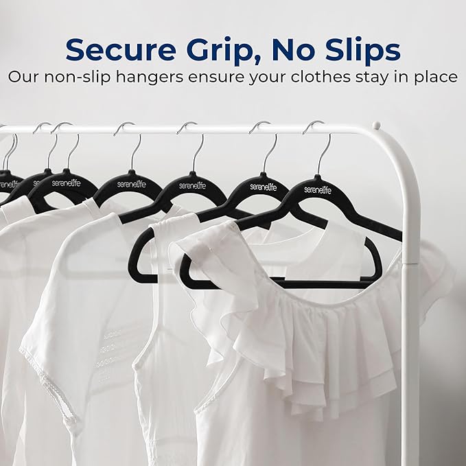 SereneLife Premium Non-Slip Velvet Hangers-Space Saving Heavy Duty Slim Suit Clothes Hanger Set with 360 Degree Swivel Metal Hook,Can Hold Up to 10 Lbs.for Coats, Jackets,Pants & Dress (50-Pack),Black