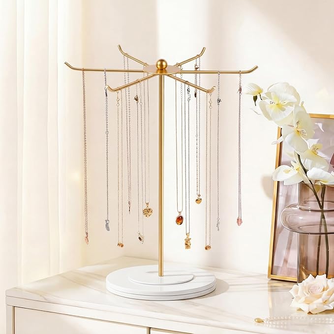 OAOLEER Necklace Holder Display, Rotating Jewelry Stand Gold Metal Necklace Organizer Hanging Jewelry Display for Vendors Bracelet Keychain Storage for Women,Girls