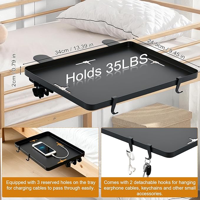 Bedside Bunk Bed Shelf for College Dorm Essentials, Bedside Caddy with Cable Catch & Bedside Organizer, Floating Nightstand for Bed Room, Office, Dorm Room, Metal Beside Tray, Bed Table, Black