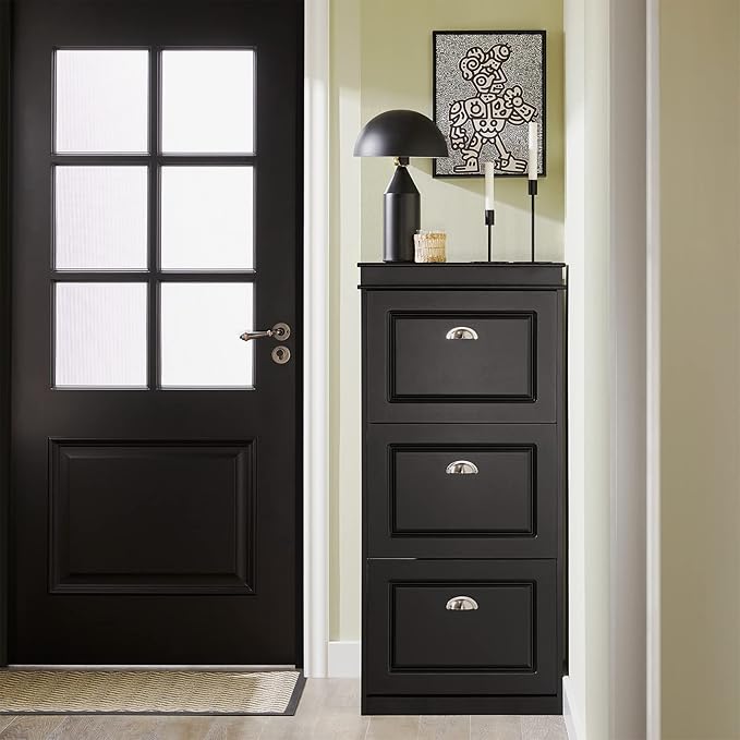Haotian FSR94-SCH, Black Shoe Cabinet with 3 Flip Drawers, Freestanding Shoe Rack, Shoe Storage Rack(9.4" D x 20.9" W x 46.1" H)