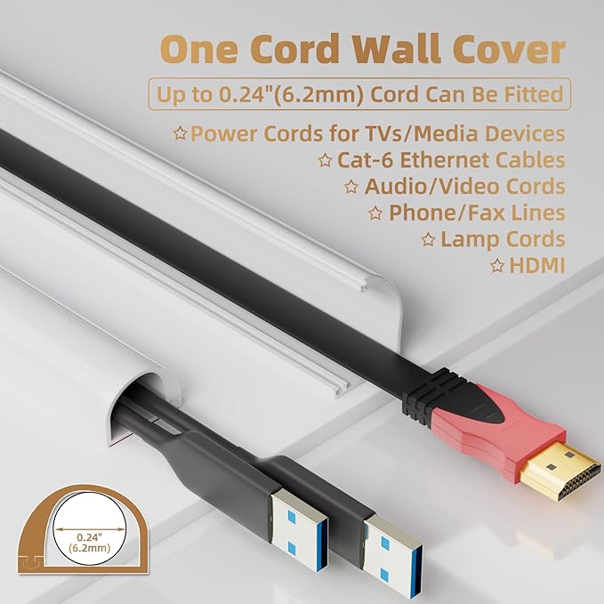 118" Side Open One Cord Hider (<1/4") for Wall Mounted Tv,Silicone Flexible Cable Cover to Hide Conceal Cords Along Wall,Wire Raceway Management Cable Concealer Channel,Electric Cord Organizer,White