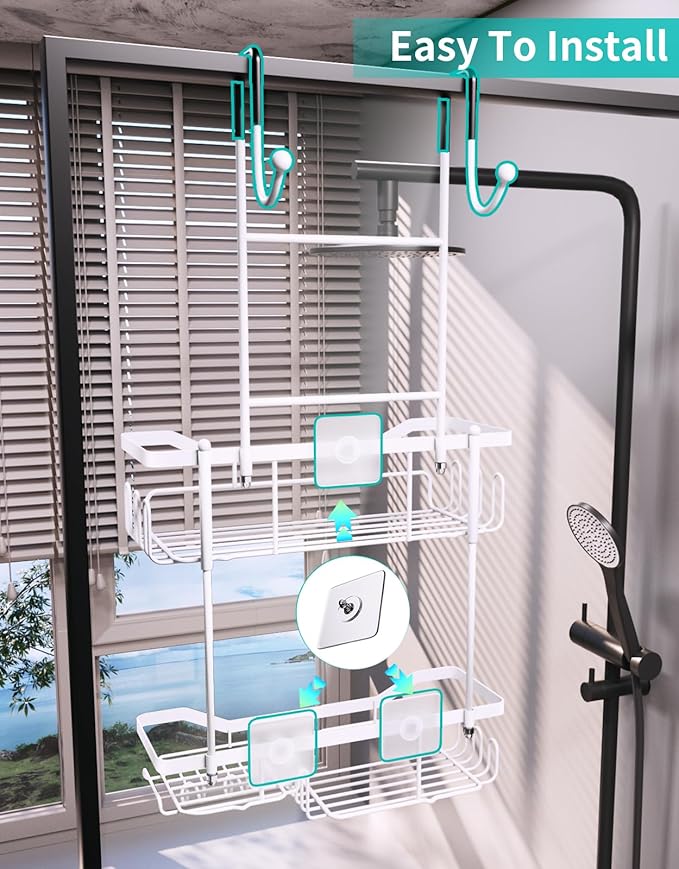HapiRm Hanging Shower Caddy Over the Door with Soap Holder, No Drilling Adhesive Shower Organizer with 11 Hooks, Rustproof & Waterproof 304 Stainless Steel Bathroom Shelves - White