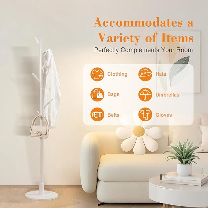 VECELO Coat Rack Freestanding, Entryway Hanger Stand, Umbrella Holder, Hall Tree With Hooks, Floor Standing Metal Tree Stand,White