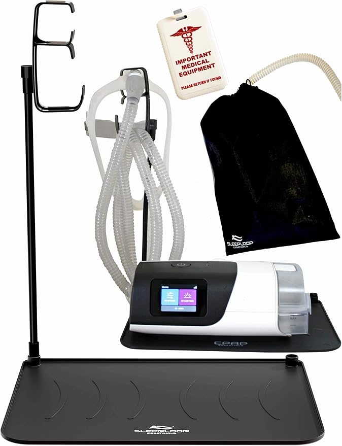 RawRock Mask and Tube Hanger Mat for CPAP - Supplies for CPAP for Bedside Organization with Clean Mask Dust Cover - For CPAP Hose Holder for Nightstand (Luggage Tag Special)