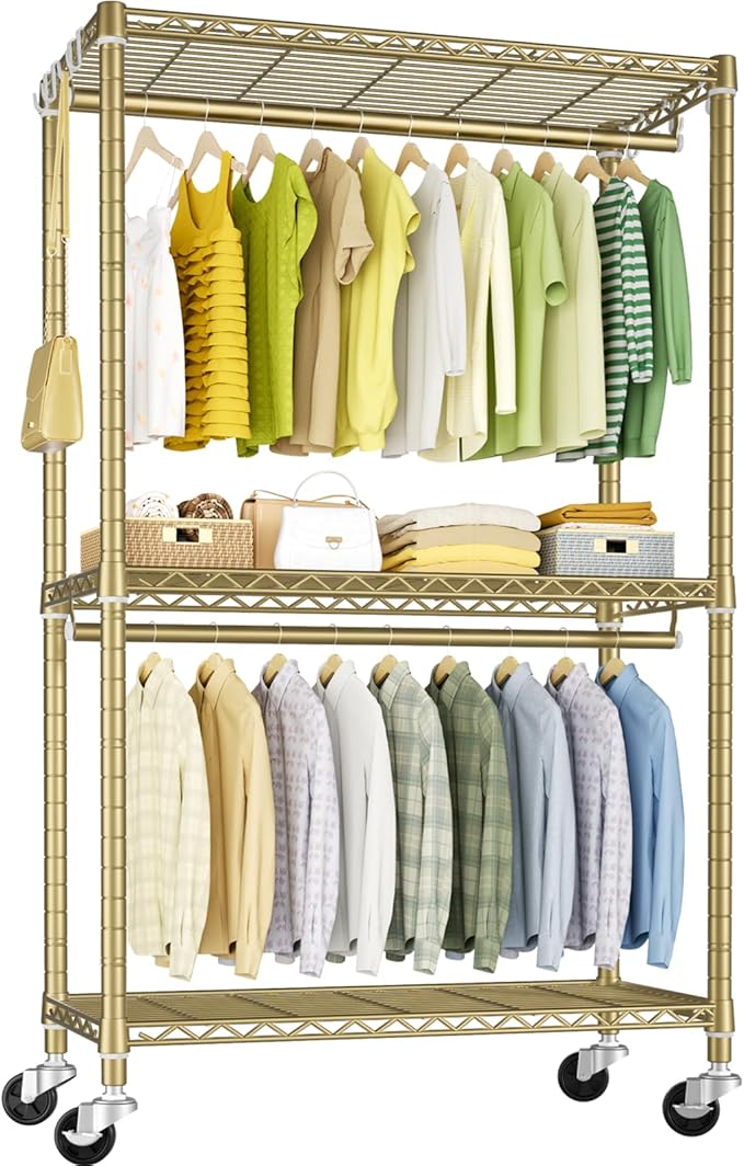 FUTASSI P3 Rolling Clothes Rack, Clothing Racks for Hanging Clothes, Heavy Duty Garment Rack with Wheels, Freestanding Portable Closet Racks 39.4'' W x 14'' D x 78.5'' H, Max Load 470 LBS, Gold