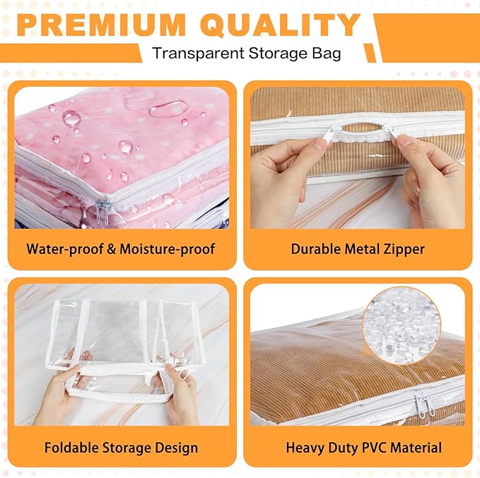 Clear Zippered Storage Bags Plastic Sweater Storage Bags with Zipper 6 Packs Clothing Organizer for Blankets Linen Sweater Bed Sheet Quilt Clothes Pillow (10.5 x 10.5 x 2.5 Inch, White)