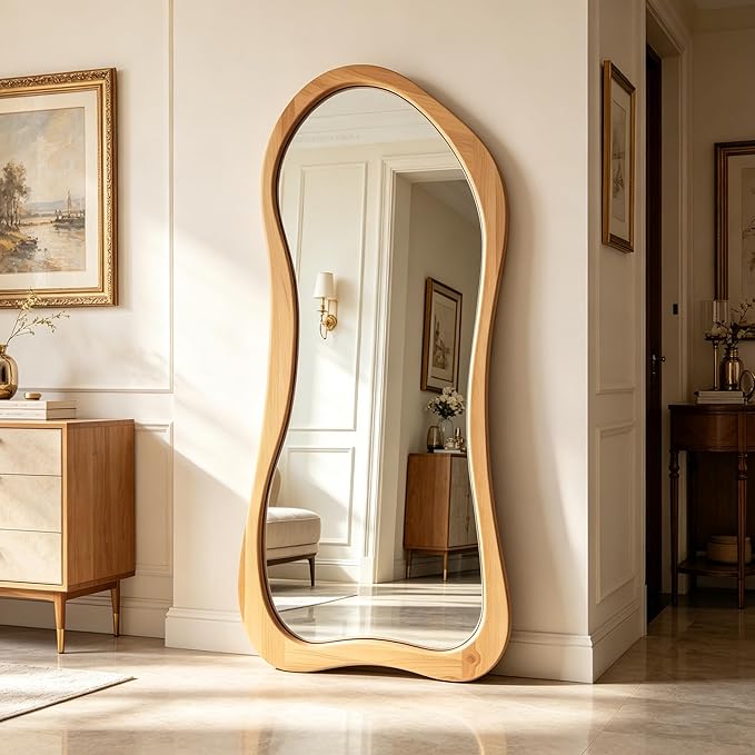 Large Irregular Mirror, 63"x30" Asymmetrical Aesthetic Mirrors with Solid Wood Frame, Organic Shape Floor Mirror for Living Room Entryway Hallway Bedroom Cloakroom, Leaning/Hanging