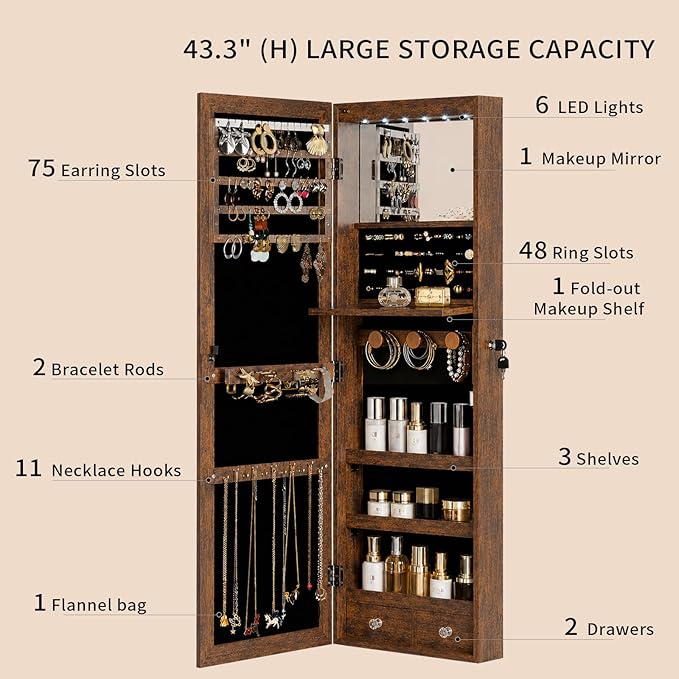 Over the Door Jewelry Organizer, Wall Mounted Jewelry Cabinet, Hanging Mirror with Storage Box, Wall/Door Mounted Full Length Mirror with LED