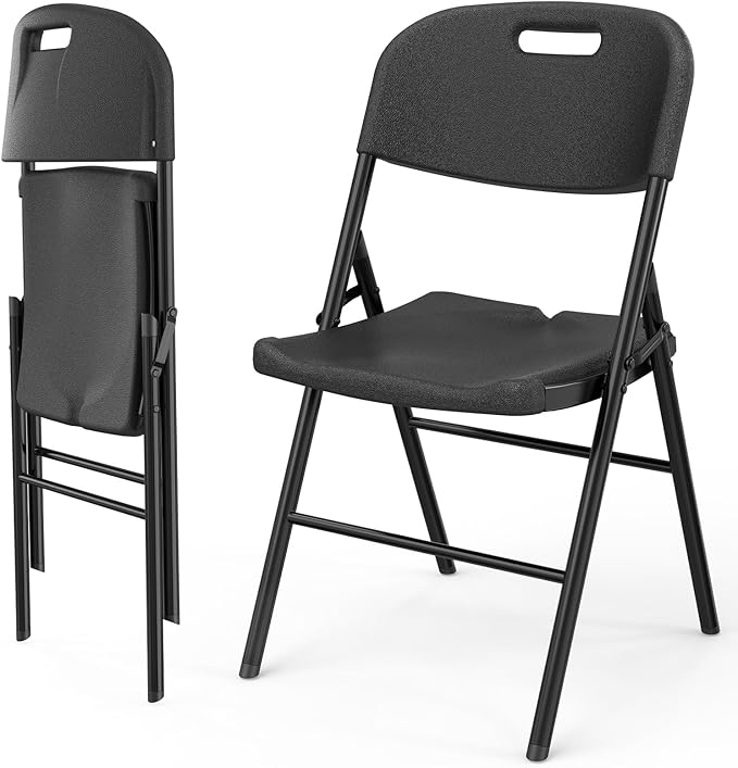 VINGLI Folding Chairs, Heavy Duty Foldable Chair Portable HDPE Plastic Seat with Steel Frame for Indoor Outdoor Dinning Party Wedding School Use, Black, 2 Pack