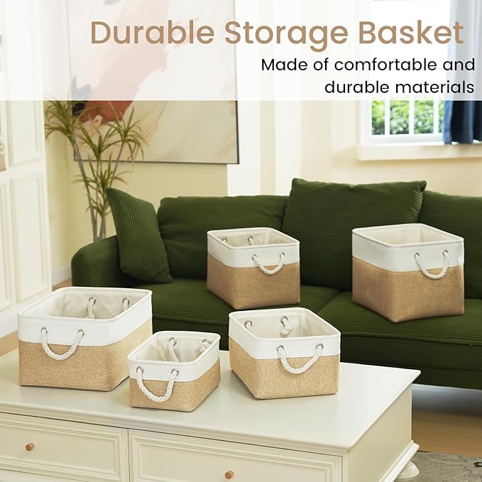 Large Storage Baskets- 15.7x11.8x8.26 inch Storage Bins for Shelves and Closet Organizing, Foldable Fabric Bin for Home Organization Clothes and Laundry (6-Pack, White&Khaki)