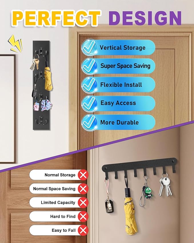 UCEC Vertical Key Holder Wall Mount – Solid Wood Key Rack with Hooks, Space-Saving Organizer for Entryway, Garage & RV – Easy Install, Wall Hooks for Hanging, Black