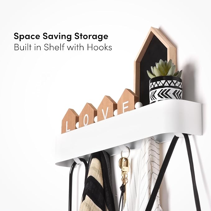 xympo Modern Wall-Mounted Coat Rack with Shelf – Heavy-Duty Steel, 5 Sturdy Hooks, Powder-Coated Finish, Space-Saving Entryway Organizer with Mounting Hardware – Sleek & Minimalist Design (White)