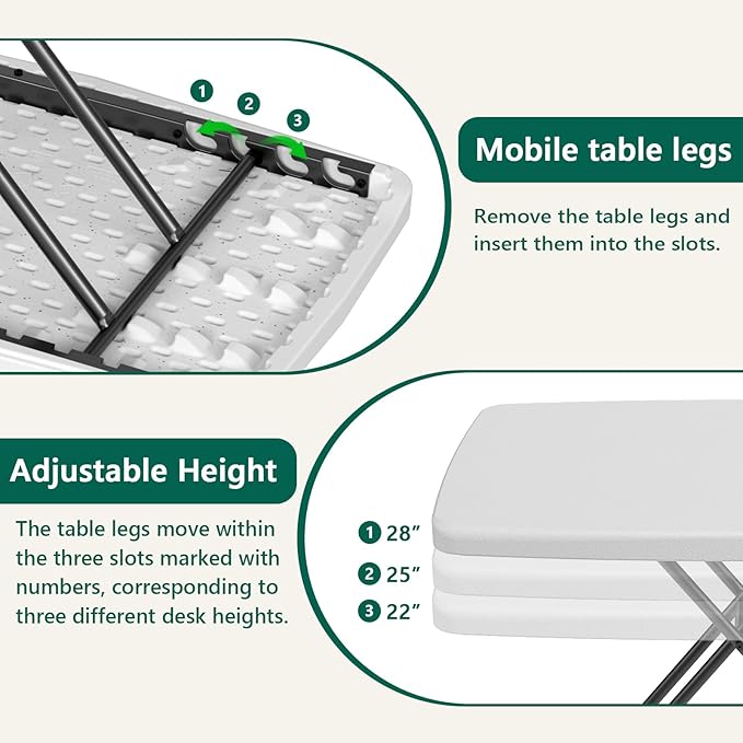 Folding Table 30 Inch -2Pack, Small Desk Adjustable Height TV Tray for Laptop, Couch, Camping - Heavy Duty Utility Foldable Table for Small Spaces, No Assembly Required, White Granite
