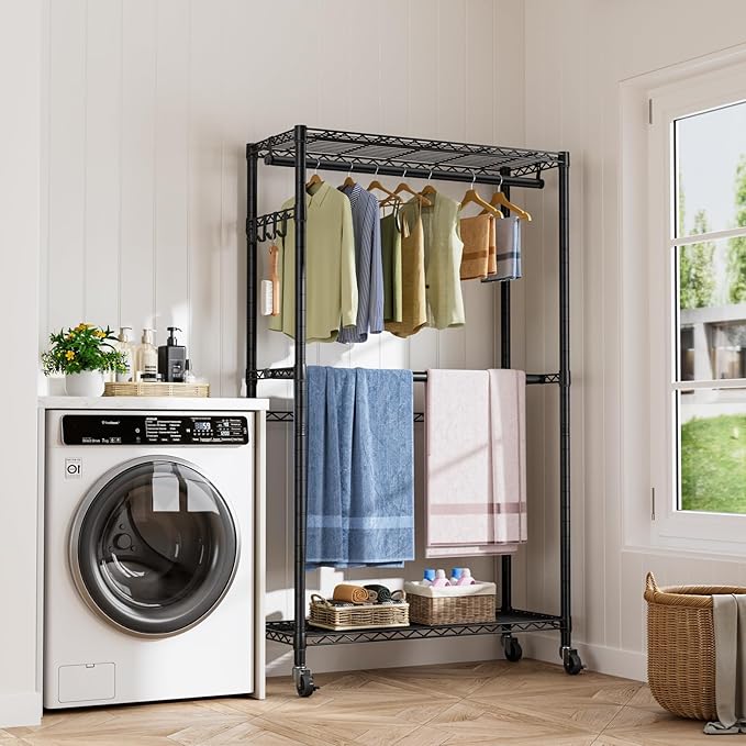 Heavy Duty Clothes Rack Rolling Garment Rack,2 Tier Adjustable Wire Shelving Clothing Racks for Hanging Clothes with Double Rods&Side Hooks,Freestanding Wardrobe Storage Rack Metal Portable Closet