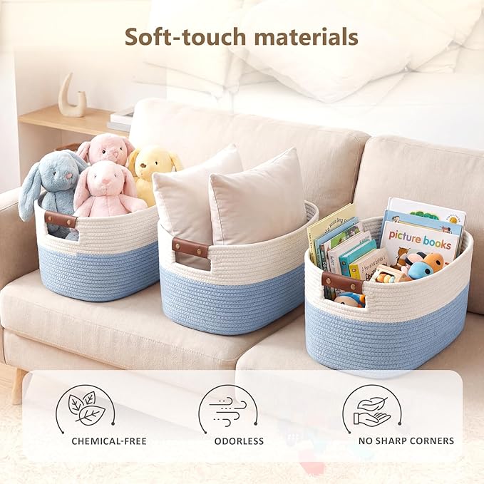 ECDYQXVU Cotton Rope Basket, Storage Baskets with Handle, 15x10x9 Inch Woven Basket for Shelves, Laundry, Towels, Clothes, Books (White/Blue 2Pack)